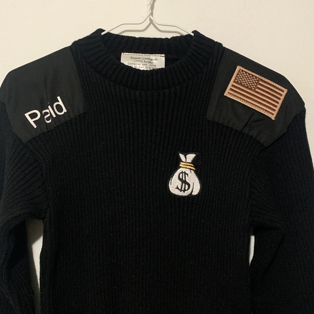 LL Bean Commando Black Sweater with Moneyary Themed Embellishments - Picture 2 of 14